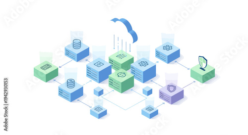 Isometric Blockchain Network with Connected Data Blocks and Digital Elements.