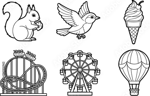 Collection of simple line art icons for amusement park and nature elements