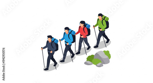 Hikers Walking with Backpacks and Trekking Poles.