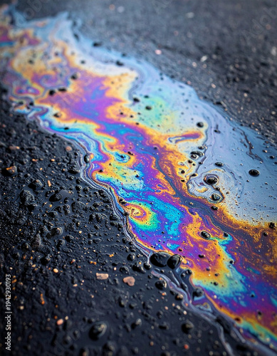 Raindrops creating iridescent patterns on an oil slick spread across dark asphalt.