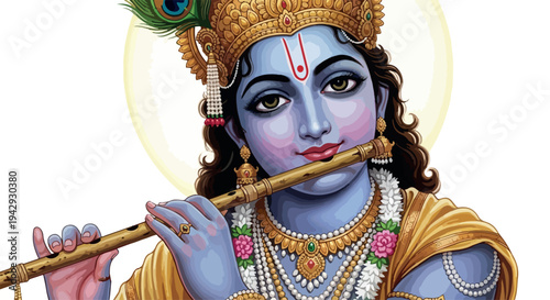 Digital illustration of Krishna playing a flute with a serene expression, adorned in traditional Indian attire and jewelry against a soft, golden halo background.