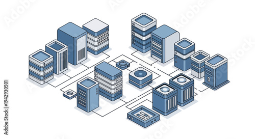 Isometric Data Center Network with Servers and Connections.