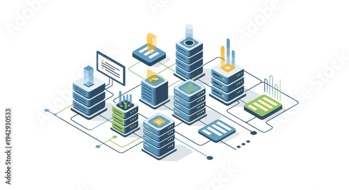 Isometric Data Center Network with Servers and Connections.