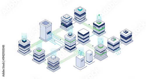 Isometric Data Center Network with Servers and Connections.