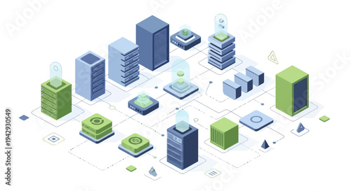 Isometric Data Center Network with Servers and Storage Units.