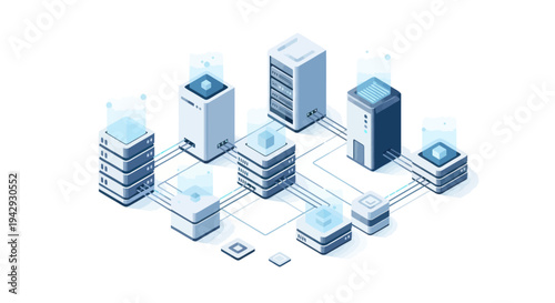 Isometric Data Center Network with Servers and Storage Units.