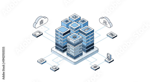 Isometric Data Center with Cloud Computing and Network Connections.