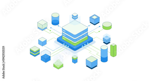 Isometric Data Center with Connected Servers and Storage Units.