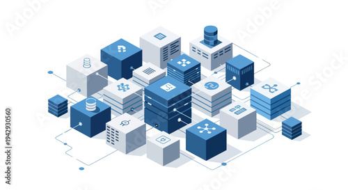 Isometric Data Center Network with Servers and Storage Units.