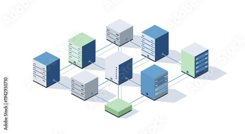 Isometric Network of Connected Server Racks and Data Centers.