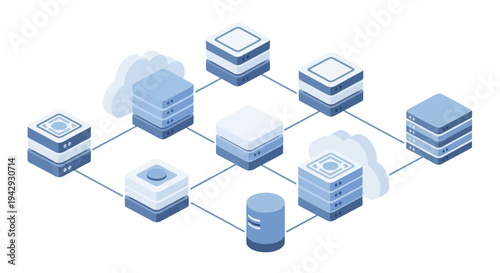 Isometric Network of Connected Servers and Cloud Storage.