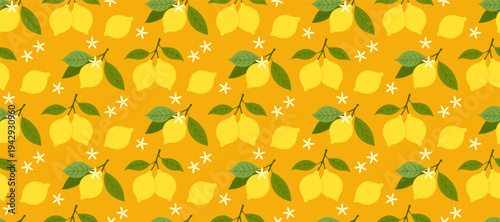 Seamless lemon pattern with citrus fruits, green leaves and white blossoms on warm yellow background. Vector illustration
