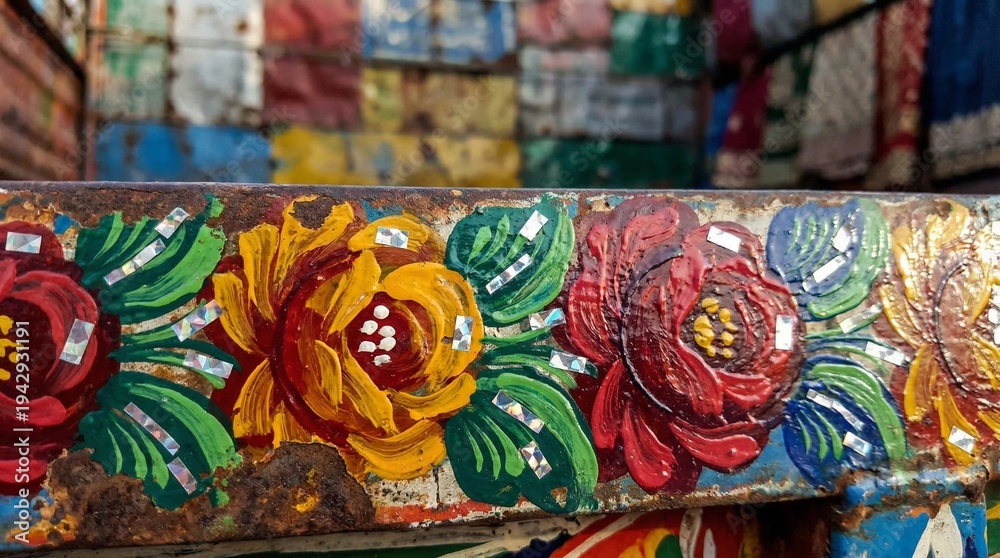 Fototapeta premium Hand-painted Pakistani truck art floral texture