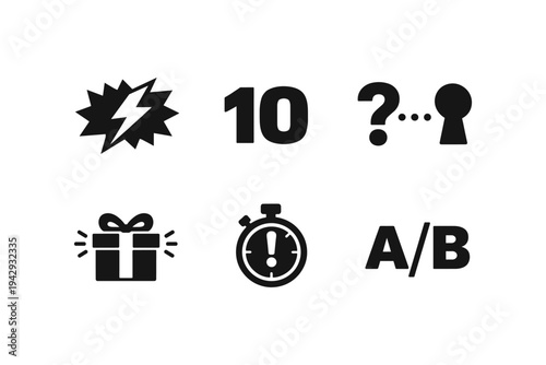 Collection of icons representing concepts like speed, numbers, questions, gifts, time, and testing
