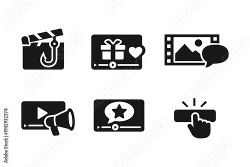 Collection of video marketing and engagement icons for digital content creation