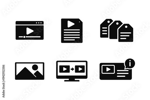 Collection of digital media and content management icons for web and app design