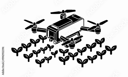 Minimalist Black and White Illustration of Coffee Delivery Drone and Crops