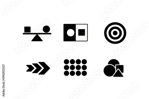 Collection of simple black geometric icons representing concepts like balance, contrast, and progress