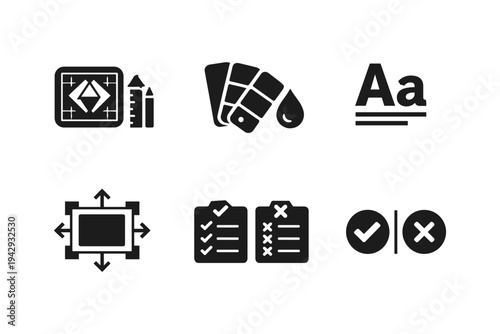 Set of graphic design icons representing different creative process elements and decisions