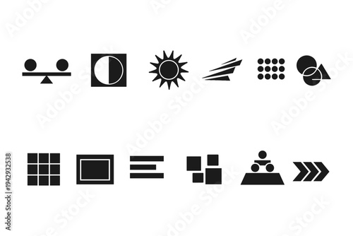 Collection of simple black icons representing abstract concepts and symbols