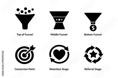 Marketing funnel stages icons: top, middle, bottom, conversion, retention, referral