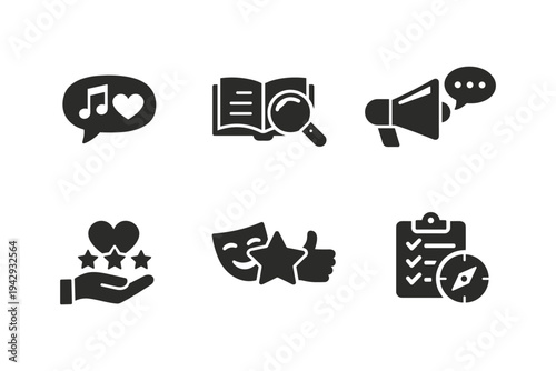 Collection of six modern icons representing feedback, research, promotion, and planning concepts