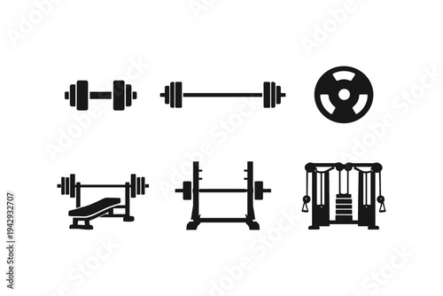 Collection of black fitness equipment icons on a white background