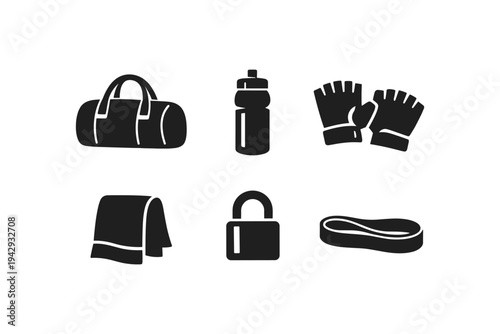 Collection of gym equipment icons including a duffel bag, water bottle, gloves, towel, lock, and resistance band