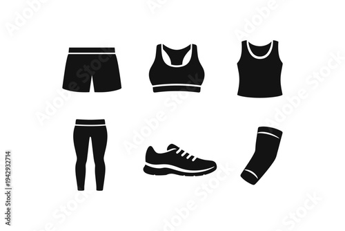 Collection of black icons representing athletic wear and sports equipment on a white background