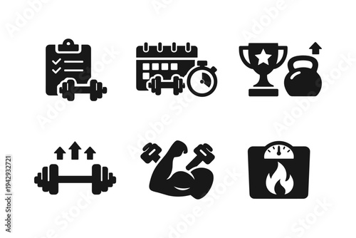 Fitness and health icons representing workout progress, time, and weight loss goals