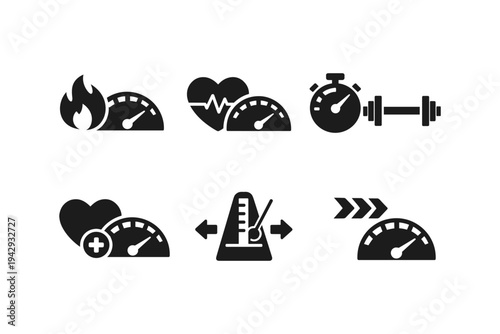 Collection of fitness and health icons with speedometers, heartbeats, and weights
