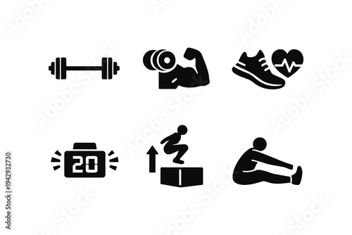Collection of fitness and exercise icons representing strength, cardio, and training activities