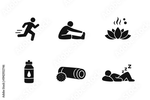 Collection of icons representing healthy lifestyle activities like running, stretching, yoga, and relaxation