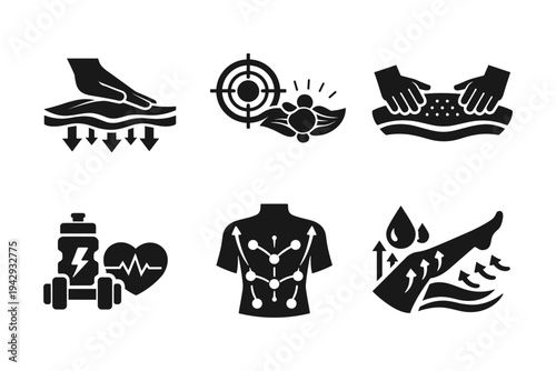 Collection of health and wellness icons representing body care, fitness, and recovery