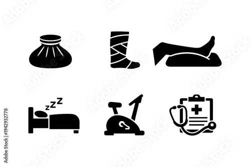 Set of medical icons representing recovery, rest, and rehabilitation for patients