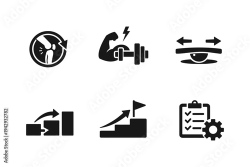 Set of six icons representing health, fitness, vision, progress, goals, and planning