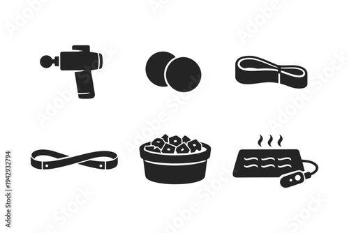 Collection of black icons representing physical therapy and recovery equipment