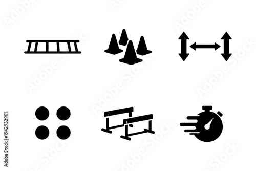 Collection of icons representing obstacles, training, and measurement for sports and fitness