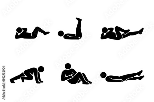 Set of six black fitness icons showing different exercises and poses for a workout routine