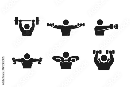 Collection of fitness icons showing people lifting weights and exercising with dumbbells