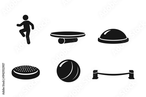 Collection of fitness and balance equipment icons for exercise and rehabilitation