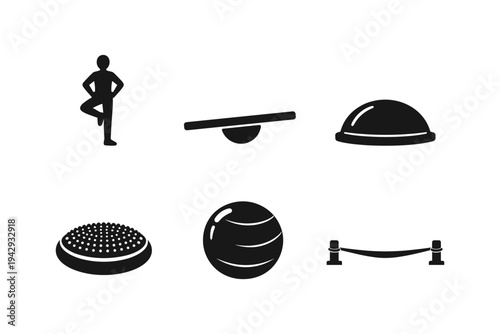 Collection of fitness and balance equipment icons for exercise and training