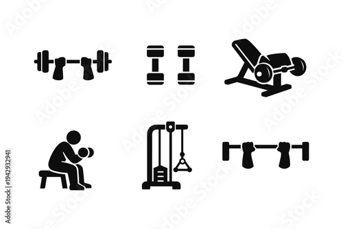 Collection of black fitness equipment icons on a white background for workout and exercise