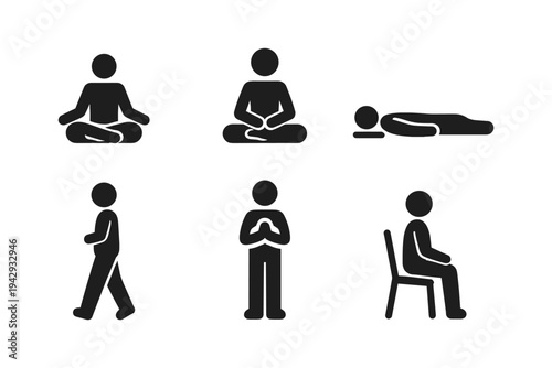 Collection of stick figure icons representing various yoga poses and meditation postures