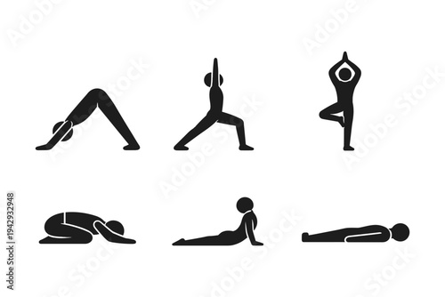 Collection of simple black yoga pose icons on a white background