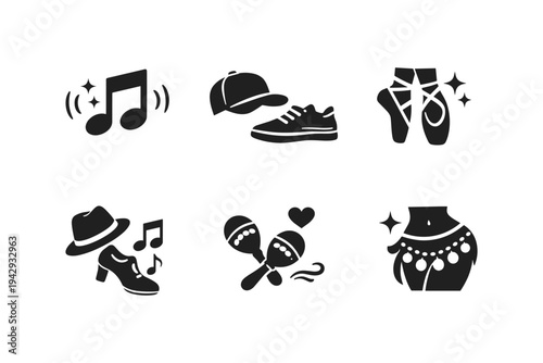 Collection of diverse icons representing various hobbies and activities like music, dance, and sports