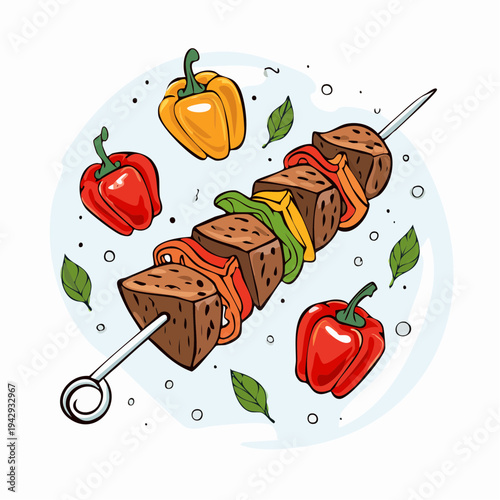 Delicious grilled skewer with vegetables on light background