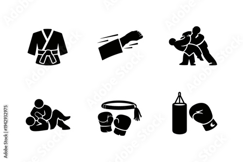 Martial arts icons set including techniques and gear in black silhouette