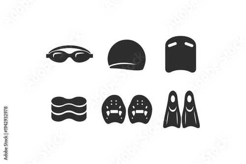 Collection of swimming equipment icons including goggles, cap, kickboard, pull buoy, paddles, and fins