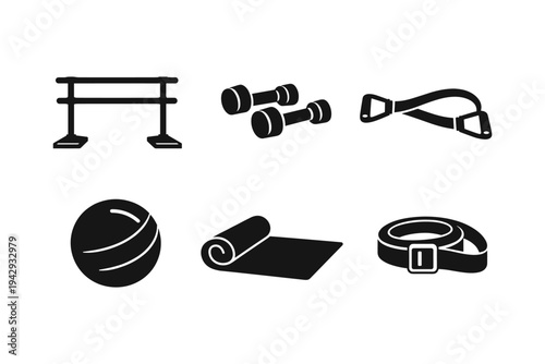 Collection of black fitness equipment icons on a white background for workout planning